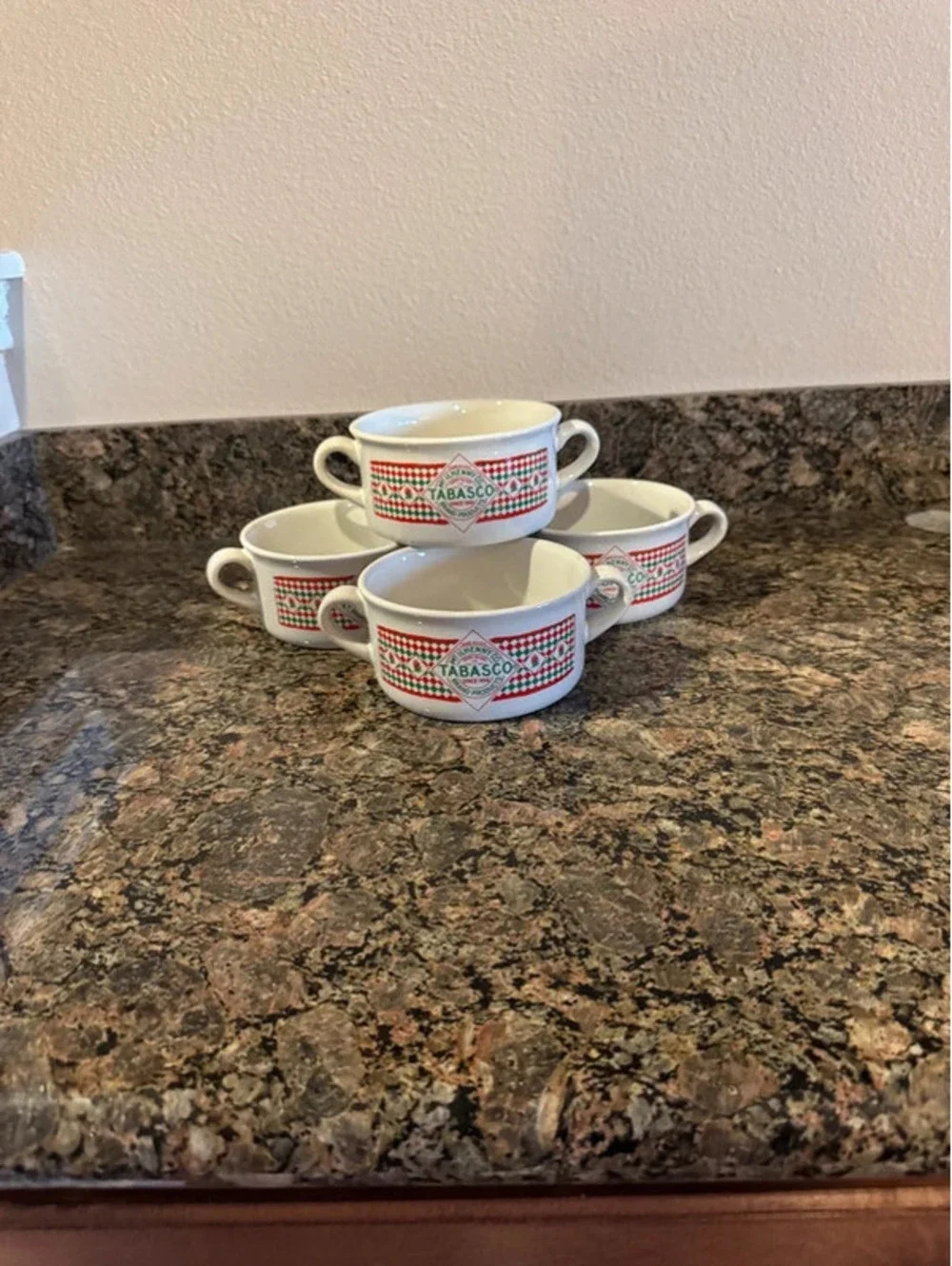 Set of 4 Vintage Tabasco double-handled ceramic soup made by Houston Harvest